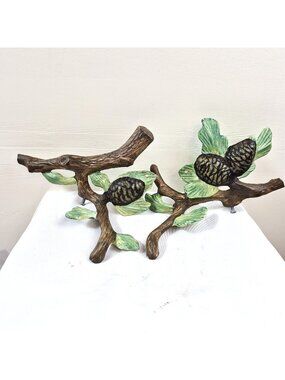 Cast Iron Pine Cone Branch Wall Hooks Rustic Cabin Lodge Coat Hat Rack Pair